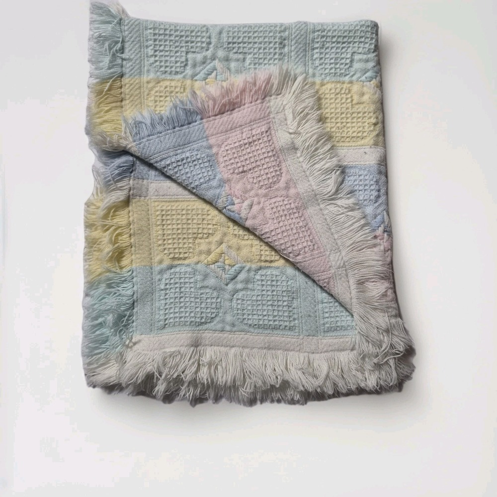 Vintage Pastel Hearts Baby Blanket Fringe Waffle Knit Pink Blue Unisex